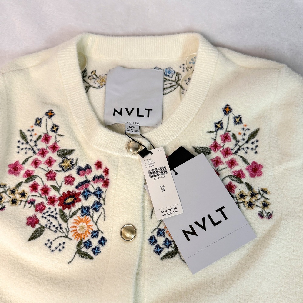 NWT Anthropologie NVLT Button Front Embroidered Knit Lady Jacket Ivory M - Picture 10 of 13